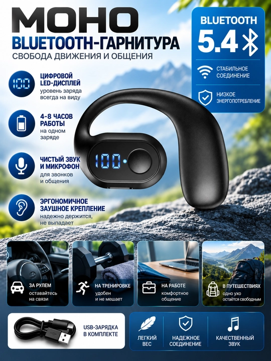Simsiz zamonaviy sport mono-quloqchini, Bluetooth 5.3, quloq usti ilgakli, LED displey - 