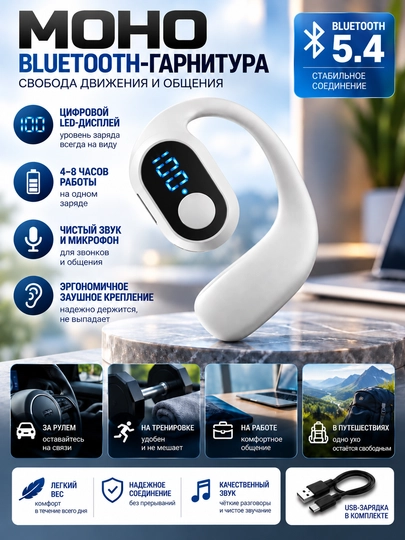 Simsiz zamonaviy sport mono-quloqchini, Bluetooth 5.3, quloq usti ilgakli, LED displey - 