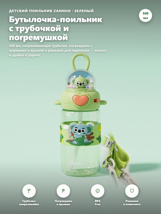 ZANNUO bolalar uchun so'rg'ichli va chayqaladigan qopqoqli suv shishasi, 500 ml - 