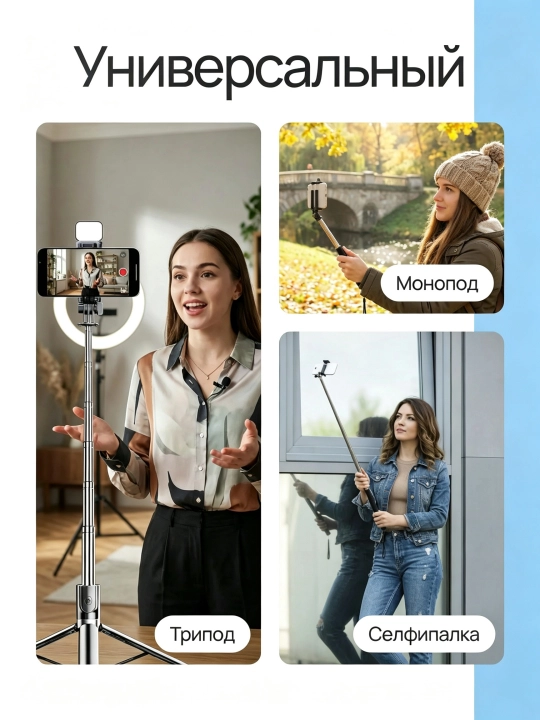 Штатив для телефона 170 см, кольцо, монопод, селфи-палка, 360°, стабилизация