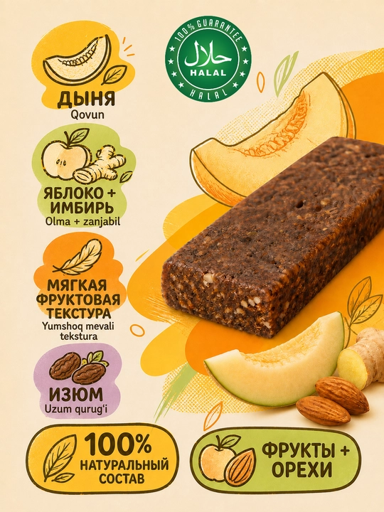 Mevali-yong'oqli batonchiklar Fruit Shake Qovun, 16 dona, 30 g