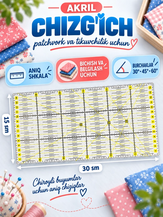 Линейка акриловая для шитья, пэчворка и квилтинга, квадратная разметка