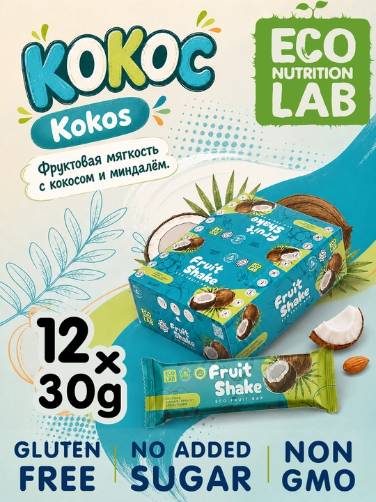 Фруктово-ореховые батончики Fruit Shake Кокос, 16 шт, 30 г - 