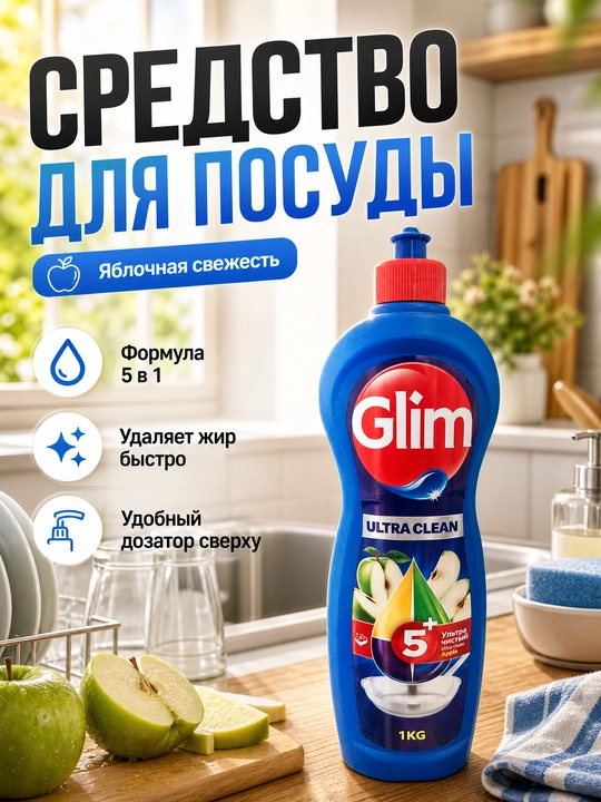 Средство для мытья посуды Glim Ultra Clean, густой гель против жира 5+, 1 кг