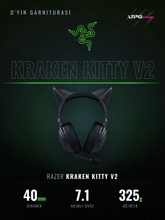 O'yin quloqchinlari Razer Kraken Kitty V2 simli, mushuk quloqlari, Chroma RGB, 7.1