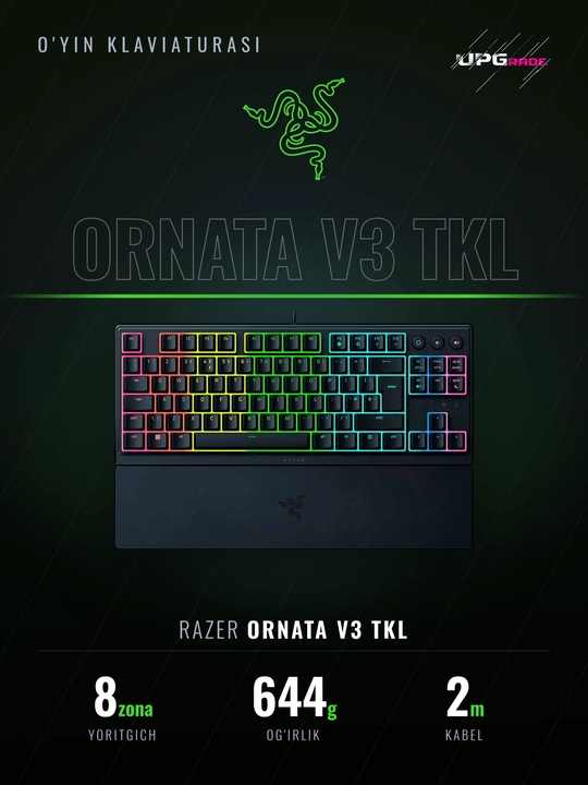 O'yin klaviaturasi Razer Ornata V3 TKL past profilli, Chroma RGB, bilak tayanchi bilan