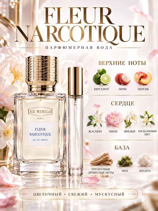 Atir Fleur Narcotique Ex Nihilo ayollar va erkaklar uchun, probnik, 5 ml, 10 ml