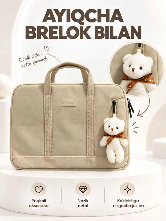 Premium noutbuk g'ilofi SOCKO, 13-14 va 15.6 dyuym, zamonaviy dizayn va ayiqcha bilan