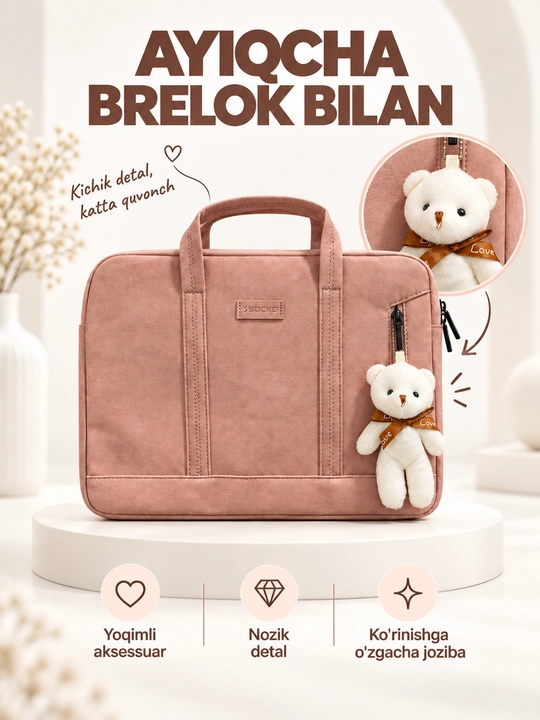 Premium noutbuk g'ilofi SOCKO, 13-14 va 15.6 dyuym, zamonaviy dizayn va ayiqcha bilan