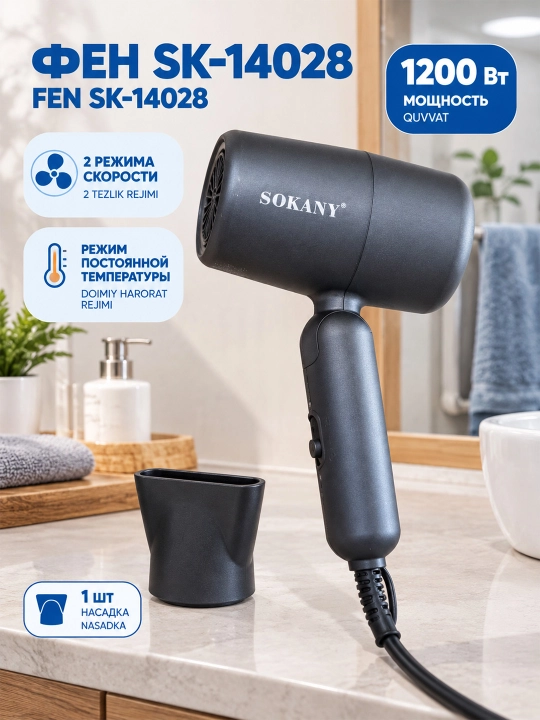 SOKANY SK-14028 soch quritgich 1200W buklanadigan harorat sozlamali