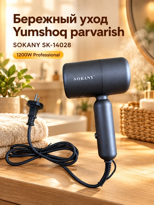 SOKANY SK-14028 soch quritgich 1200W buklanadigan harorat sozlamali