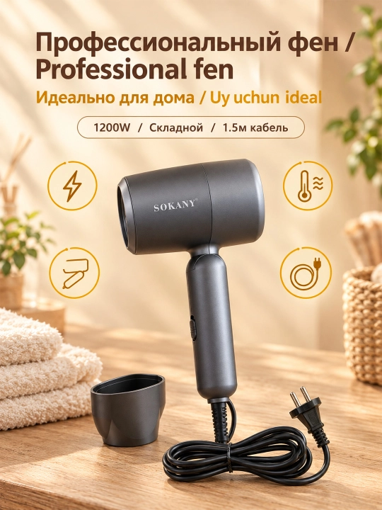 SOKANY SK-14028 soch quritgich 1200W buklanadigan harorat sozlamali