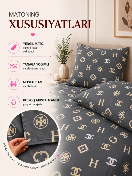 Ikki kishilik karavot uchun choyshab to‘plami, choyshab va 2 ta yostiq jildi, paxta