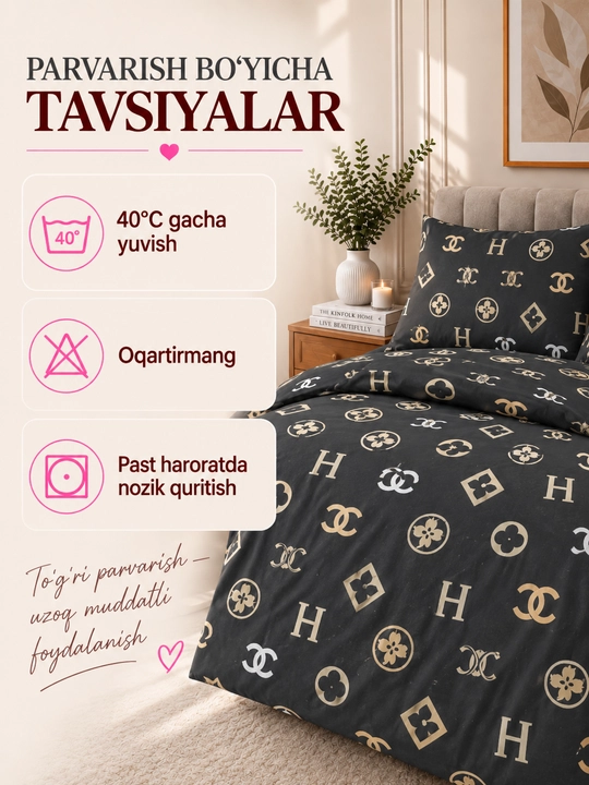 Ikki kishilik karavot uchun choyshab to‘plami, choyshab va 2 ta yostiq jildi, paxta