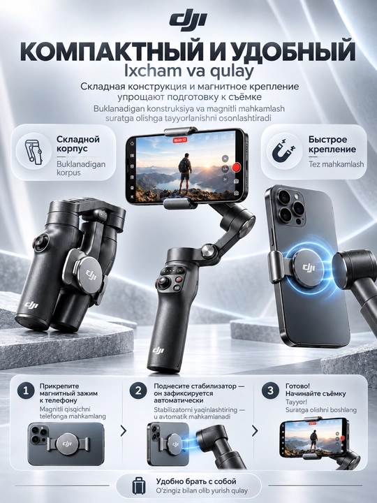 DJI Osmo Mobile 8 stabilizator smartfon uchun, ActiveTrack funksiyali, 3-o‘qli