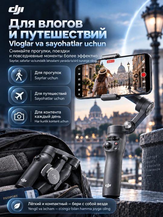 DJI Osmo Mobile 8 stabilizator smartfon uchun, ActiveTrack funksiyali, 3-o‘qli