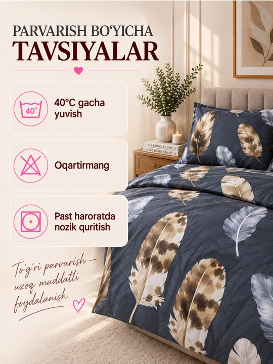 Ikki kishilik karavot uchun choyshab to‘plami, choyshab va 2 ta yostiq jildi, paxta