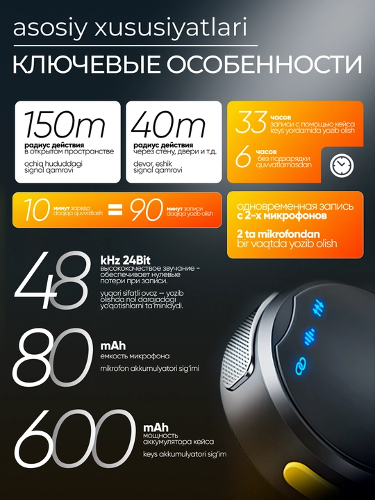 Simsiz petlichniy mikrofon, iPhone va Android uchun, 2 dona