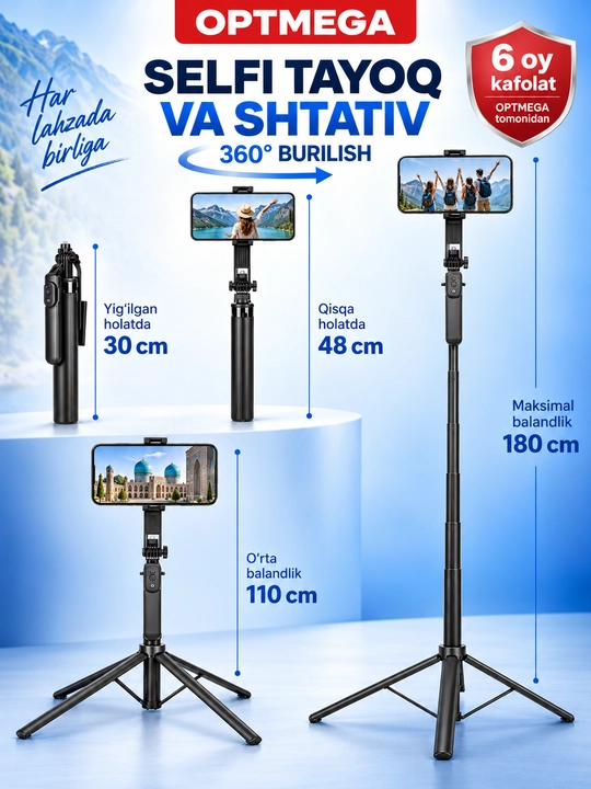 6 B 1 shtativ, telefon uchun monopod + 2 LED, Bluetooth, telefon uchun 220 sm shtativ, selfi