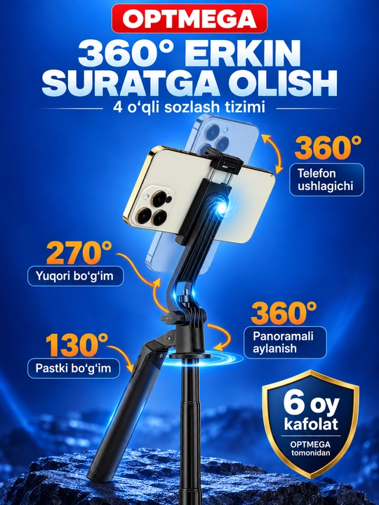 6 B 1 shtativ, telefon uchun monopod + 2 LED, Bluetooth, telefon uchun 220 sm shtativ, selfi