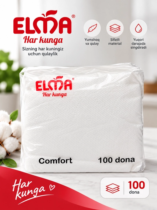 Elma qog‘oz salfetkalari, 28 × 28 sm, 100 d. × 24 pachka - 