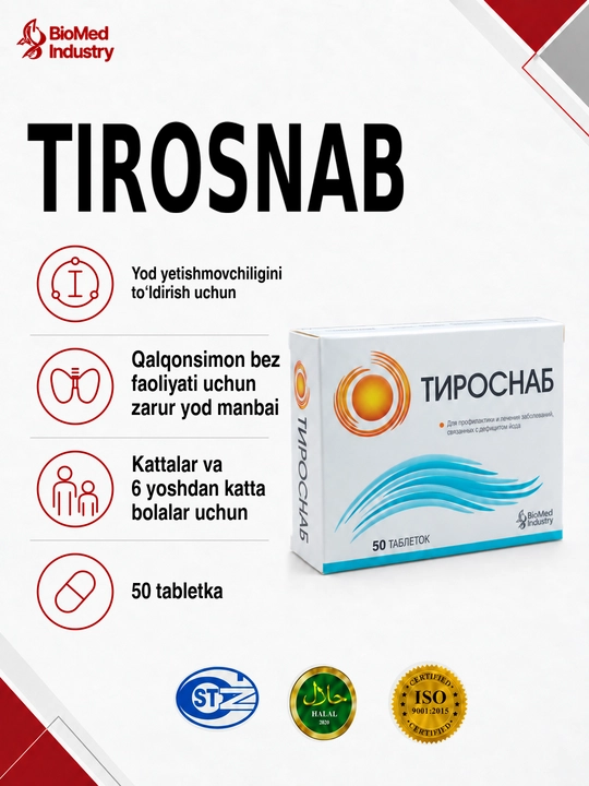 TIROSNAB YOD - Qalqonsimon bez salomatligi uchun yod, 50 tabletka - 