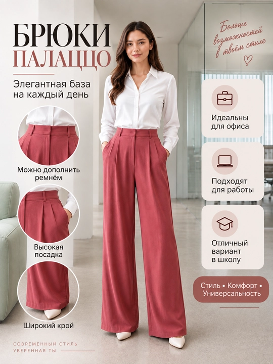 Женские брюки, для учебы и офиса, классические, широкие с высокой посадкой