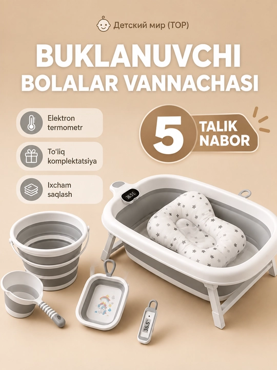 Складная детская ванночка, 50 л, с термометром и вкладышем для новорожденных - 