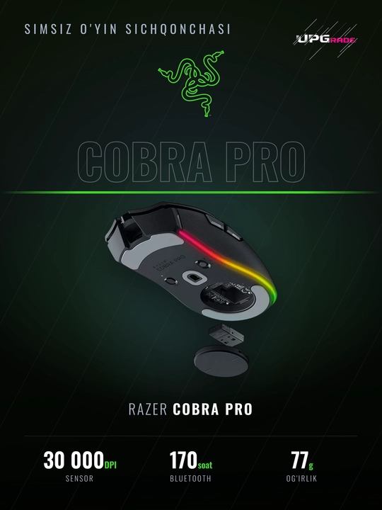 O'yin sichqonchasi Razer Cobra Pro simsiz, 30000 DPI, Chroma RGB 11 zona, 77 g