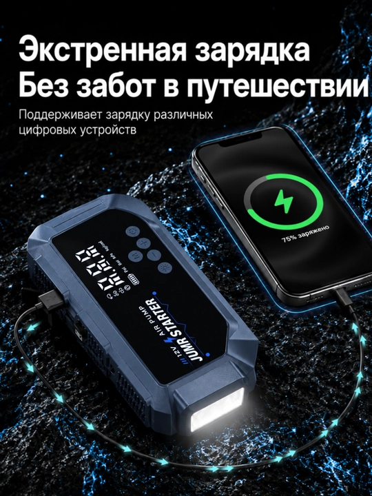 Kompressorli ishga tushirish qurilmasi 12000 mA·soat, 3000 A, LED chiroq, 150 PSI