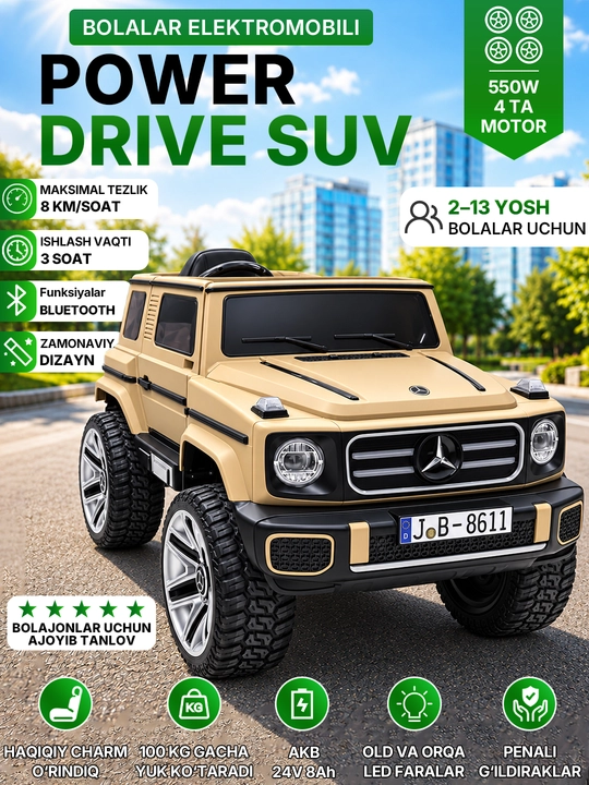 12V 4x390 kuchlanishli, to‘liq uzatmali, APP+pultli, EVA g‘ildirakli bolalar elektromobili