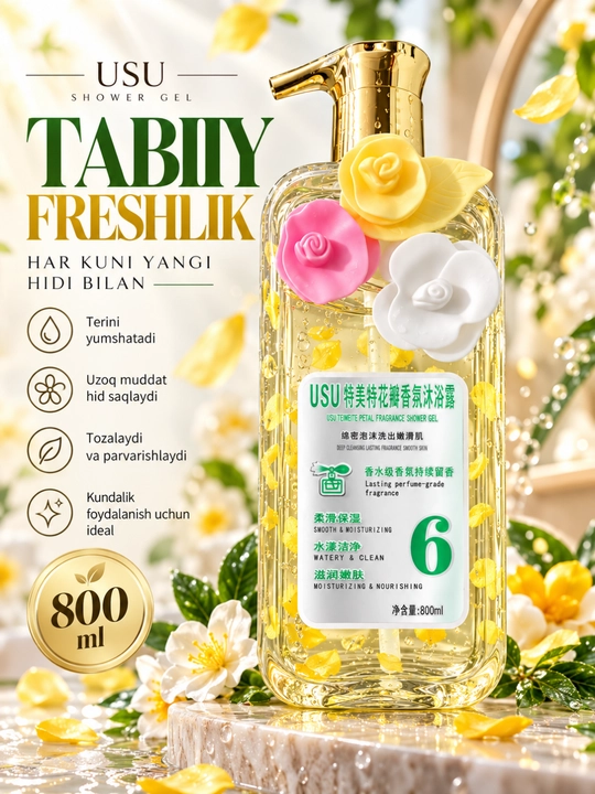 USU atirgul iforli dush geli, 800 ml - har kunlik yumshoq parvarish - 