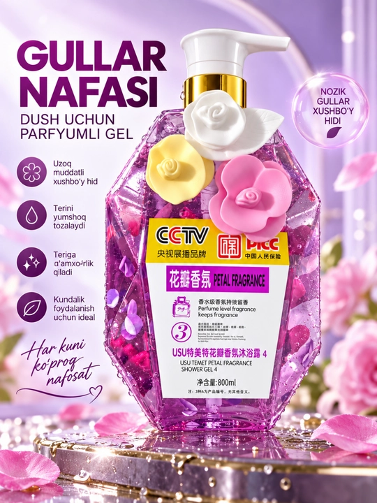 USU atirgul iforli dush geli, 800 ml - har kunlik yumshoq parvarish - 