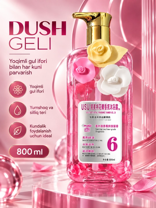 USU atirgul iforli dush geli, 800 ml - har kunlik yumshoq parvarish - 