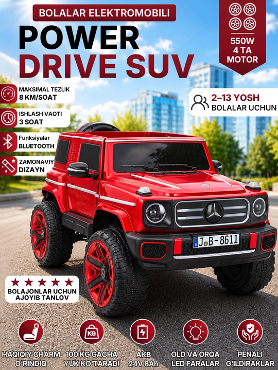 12V 4x390 kuchlanishli, to‘liq uzatmali, APP+pultli, EVA g‘ildirakli bolalar elektromobili - 