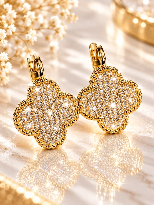 Серьги женские, Van Cleef, с фианитами, золотистые и серебристые
