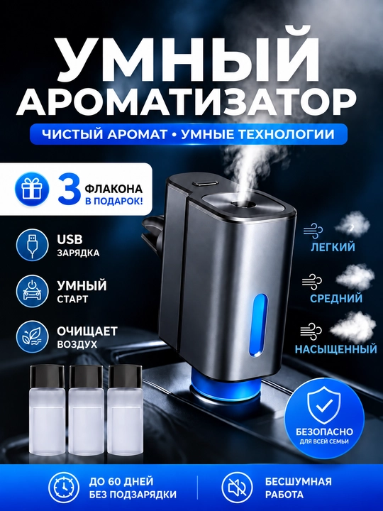 Освежитель для авто, ароматизатор для машины, аромадиффузор, 3 режима, 3 аромата - 