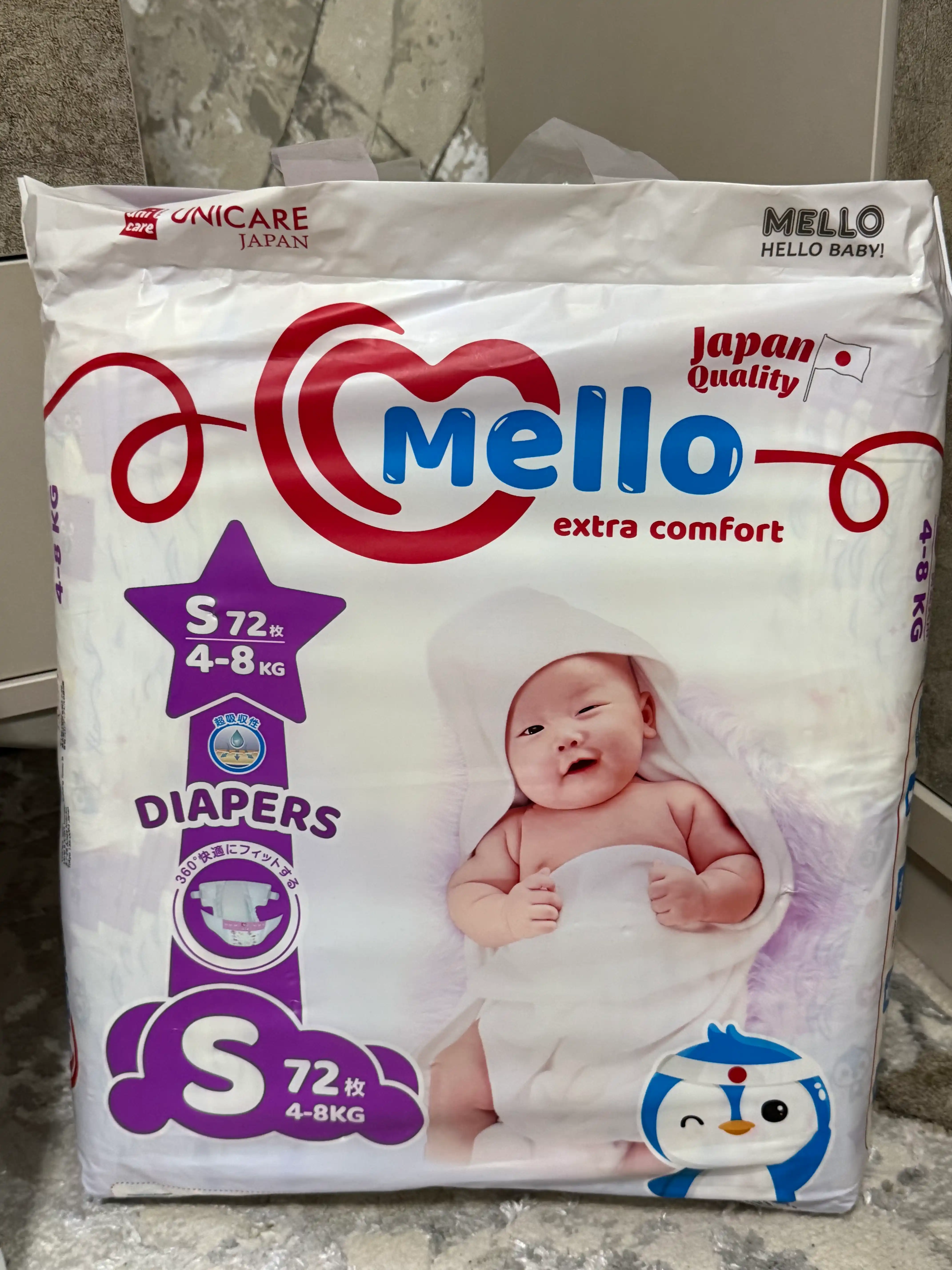 Yangi tug'ilgan chaqaloqlar uchun tagliklar MELLO,  S 4-8 kg, 72 dona