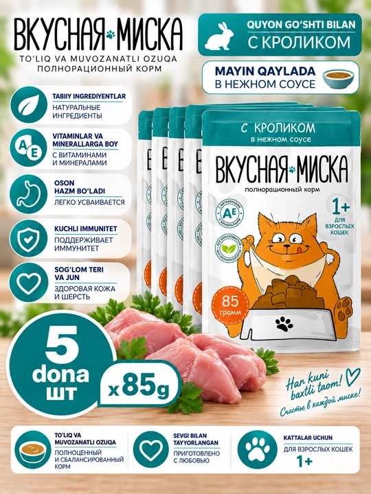 Вкусная миска влажный корм для кошек, с кроликом в соусе, 85 гр 5 шт - 
