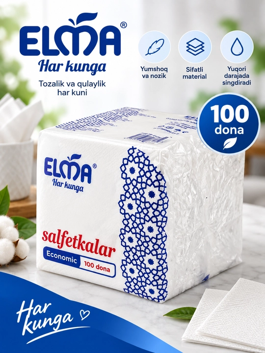 Elma qog‘oz salfetkalari, 23 × 23 sm, 100 dona × 24 pachka - 