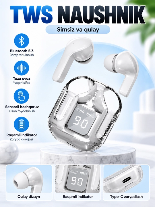 Displey va mikrofonli Air31 simsiz quloqchinlari, iOS va Android uchun