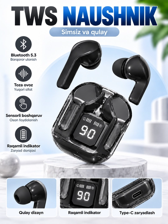 Displey va mikrofonli Air31 simsiz quloqchinlari, iOS va Android uchun