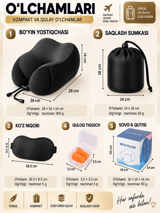 Bo‘yin uchun yo‘l yostig‘i, 5 ta buyum to‘plami, uyqu niqobi va berushi
