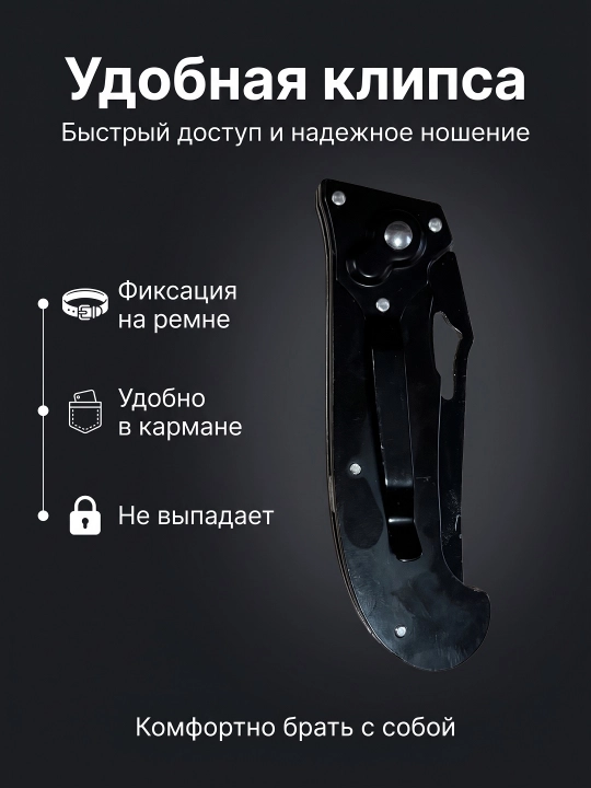 Складной нож с чёрной рукоятью, компактный формат, клипса