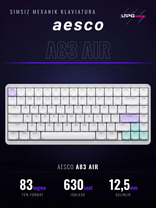 Mexanik klaviatura Aesco A83 Air simsiz, 83 tugma, past profilli, hot-swap, RGB
