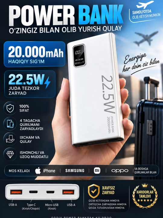 Tashqi batareya 20 000 mA/soat 22,5 Vt quvvatga ega va tez quvvat oladi - 