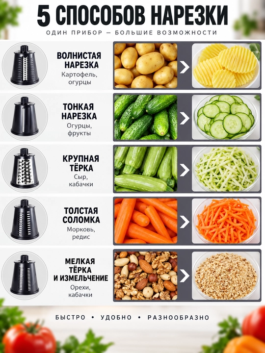 Многофункциональный ручной нарезчик для овощей, овощерезка с 5 насадками, нарезка салатов