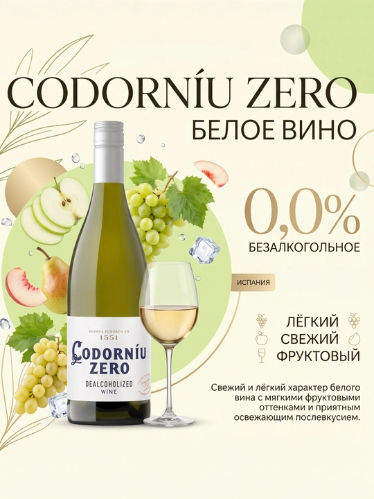 Alkogolsiz oq vino Codorniu Zero Dealcoholized White Wine, 0.75 l