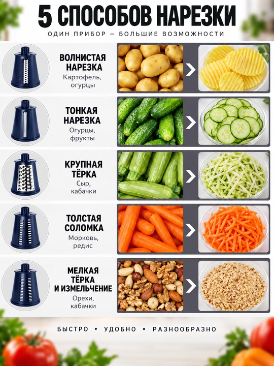 Многофункциональный ручной нарезчик для овощей, овощерезка с 5 насадками, нарезка салатов