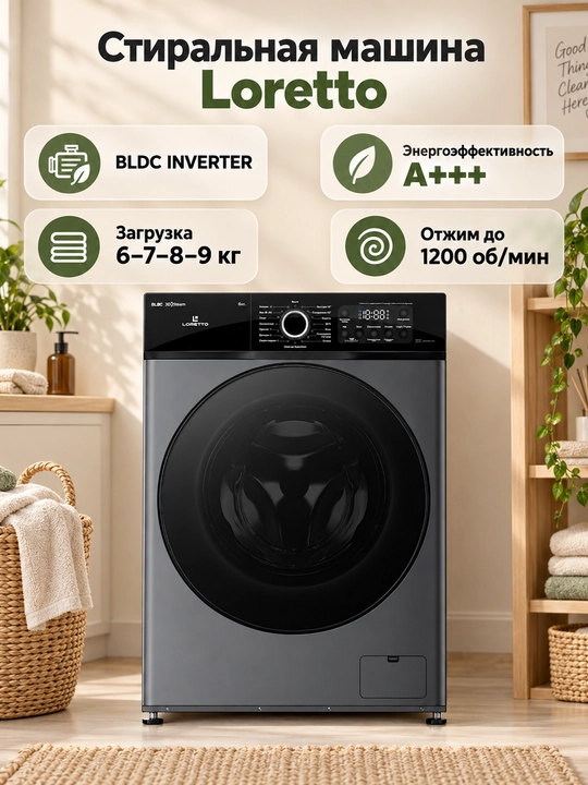 Loretto kir yuvish mashinasi avtomat, 6-9 kg, BLDC Inverter